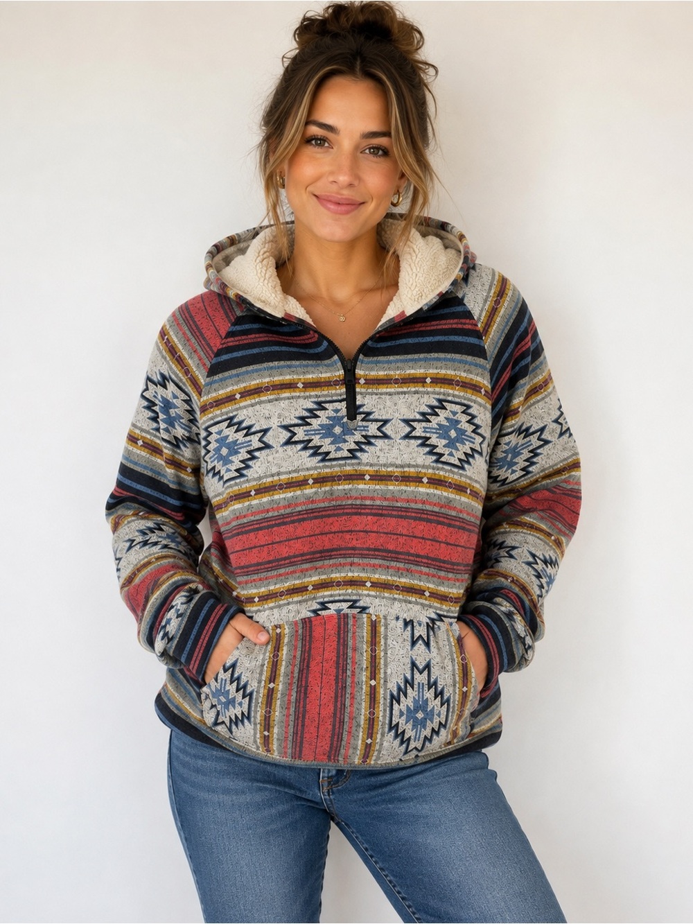 Brooklyn Cloth Cozy Aztec Half-Zip Sherpa Hoodie Red Multi hoodie pullover Med